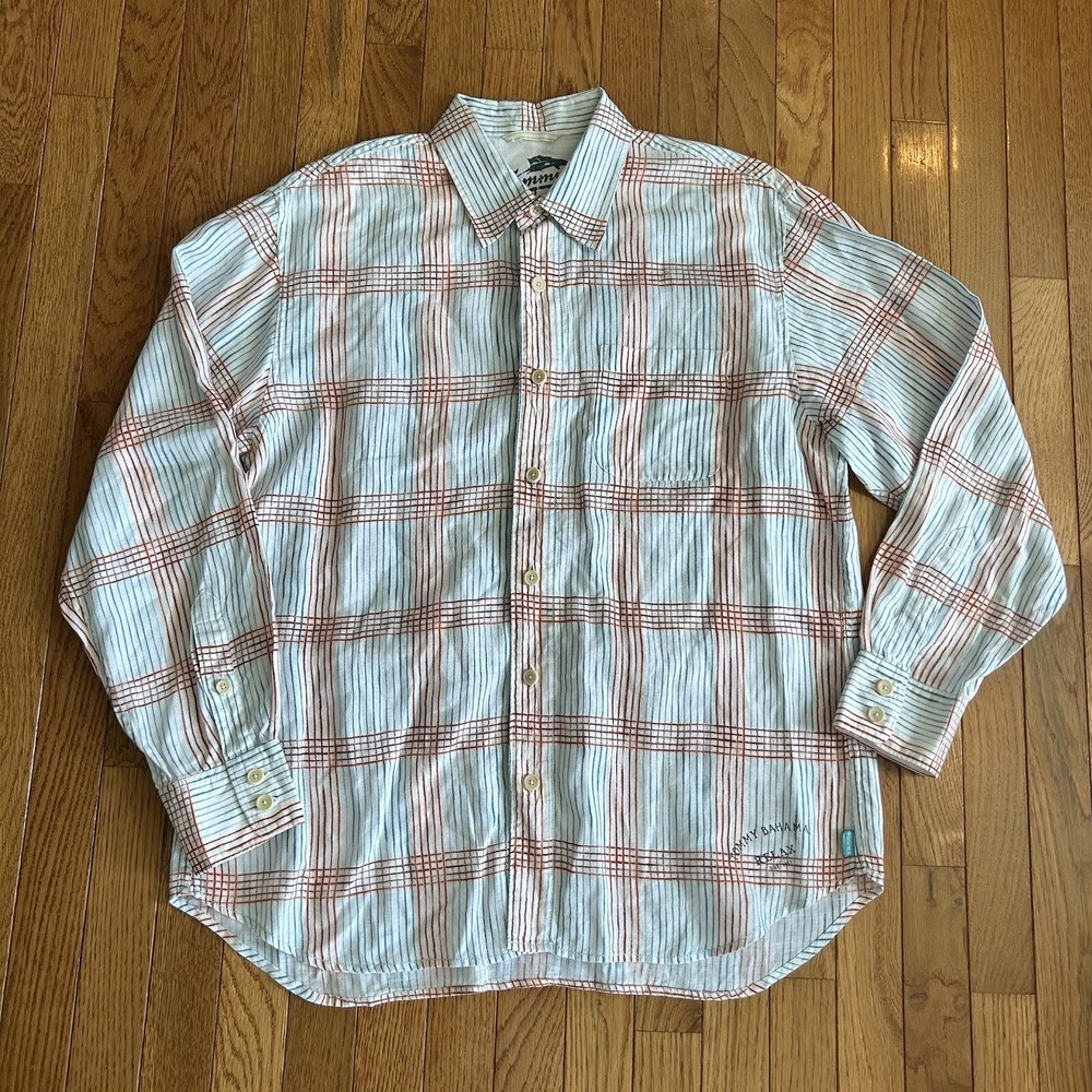 Tommy Bahama‎ Shirt Mens L Relaxed Plaid Button Front Linen White Blue Orange